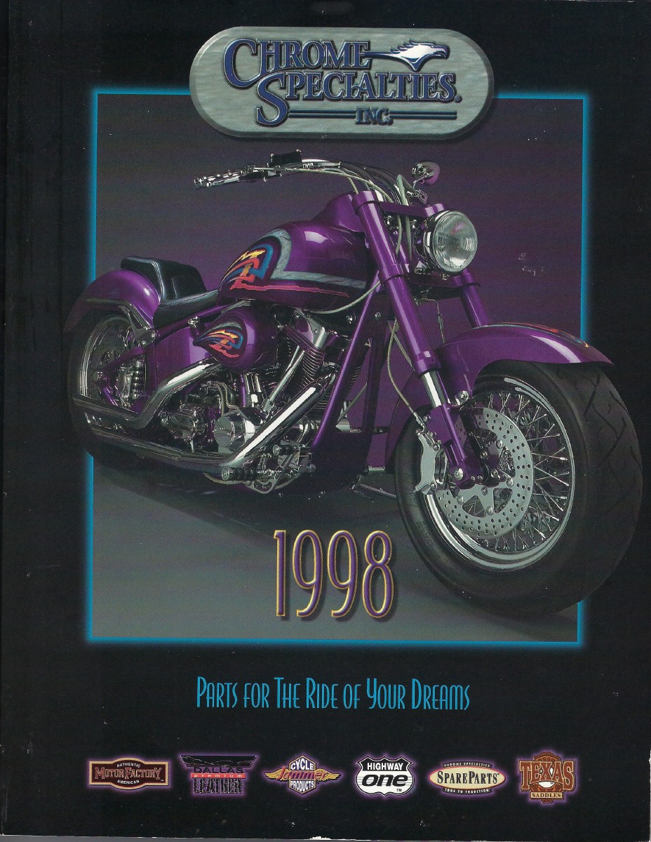 1998 Chrome Specialties catalog cover showing a purple custom motorcycle and the company’s brands