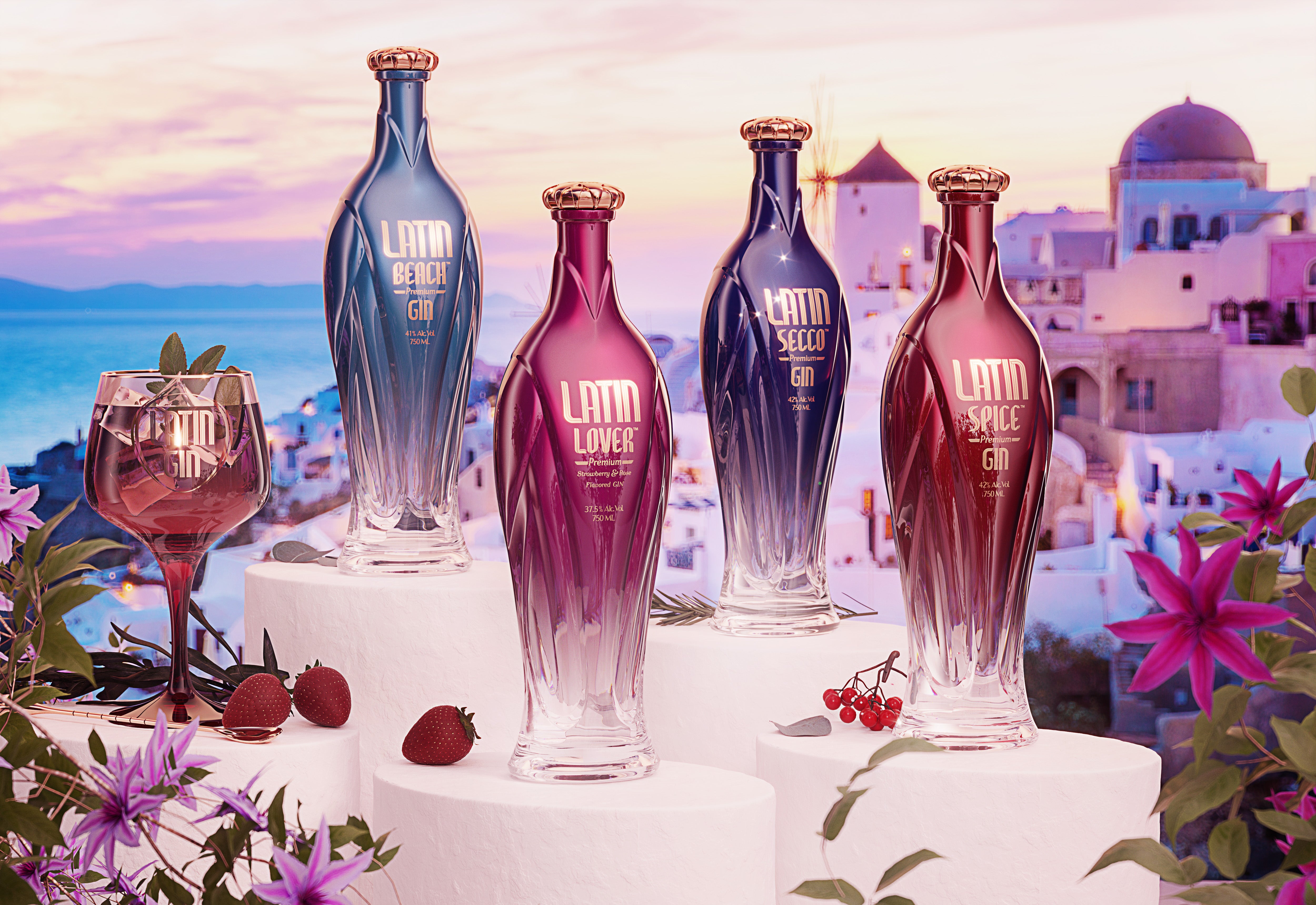 Latin Beach, Latin Lover, Latin Secco and Latin Spice gin bottles overlooking Santorini at sunset